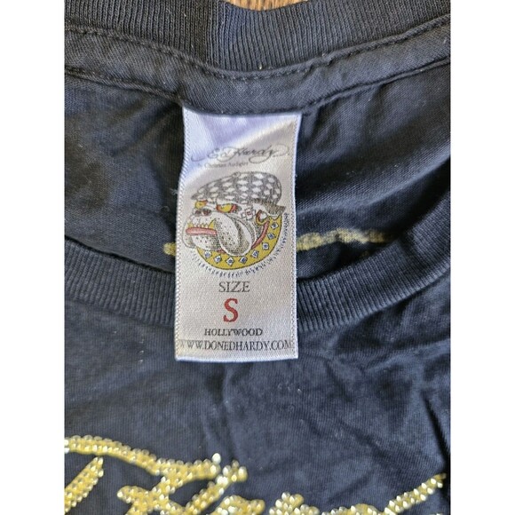 Vtg Y2K Ed Hardy Black Panther Roses Rhinestones Long Sleeve Top Size S - Picture 3 of 12